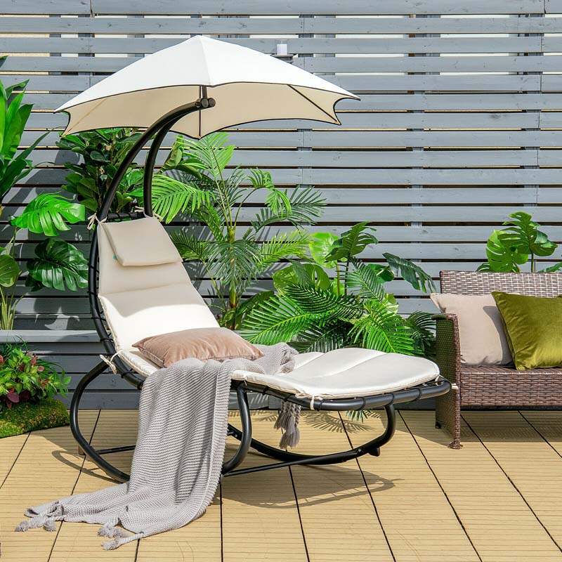 Full-Padded Hammock Chair Swing Patio Sun Lounger with Shade Canopy, Outdoor Chaise Lounge Hanging Chair for Pool Beach Deck