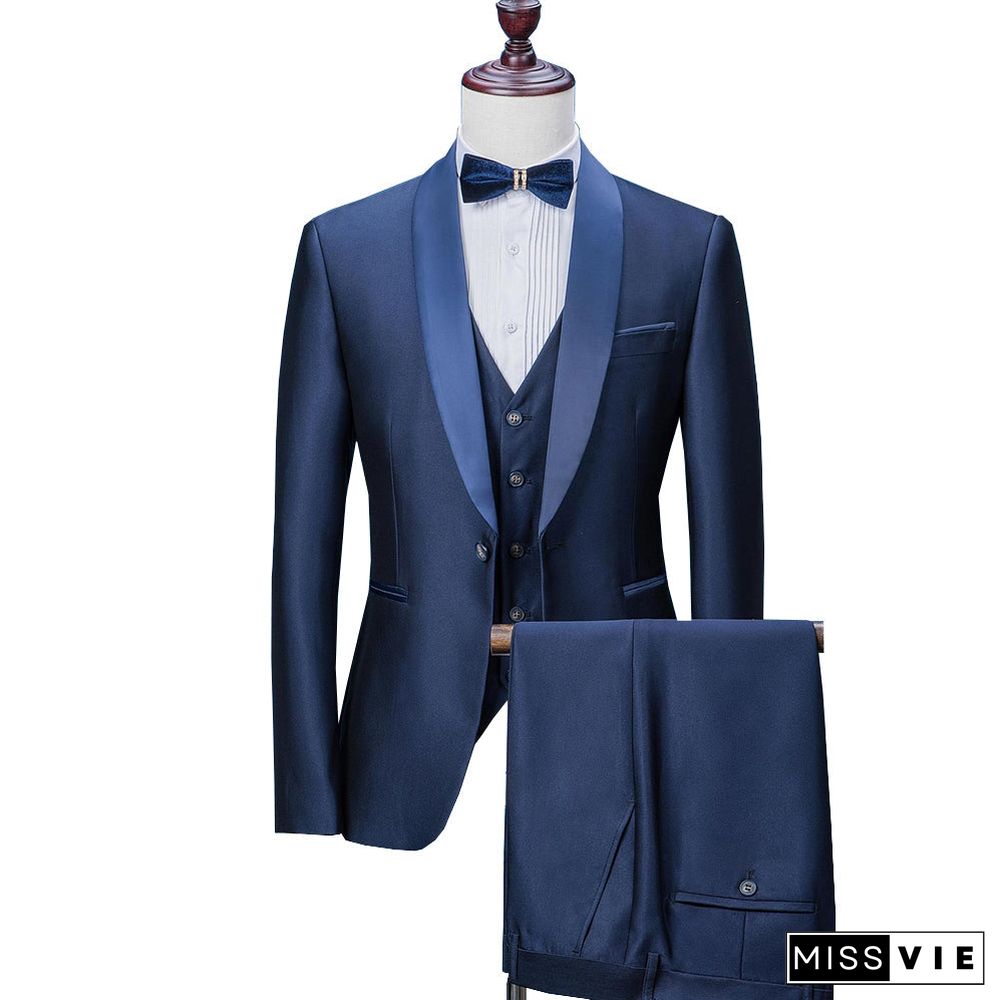 Fashion Men's 3 Pieces Mens Suit Shawl Lapel Flat Tuxedos (Blazer+vest+Pants)