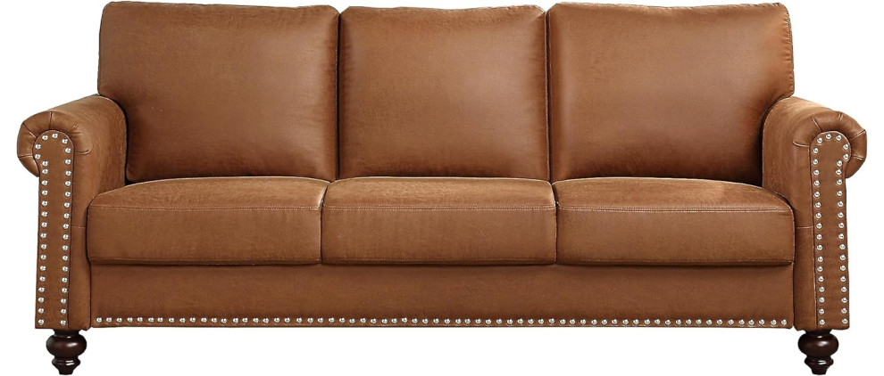 Classic Sofa  Faux Leather Upholstery  ampRolled Arms With Nailhead   Traditional   Sofas   by Decor Love  Houzz