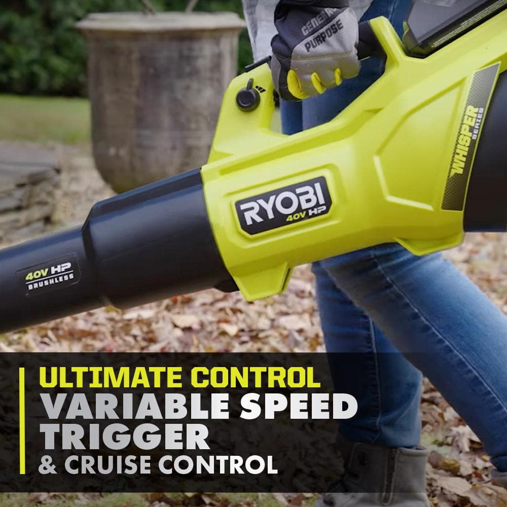 RYOBI 40V HP Brushless Whisper Series 155 MPH 600 CFM Cordless Battery Leaf Blower with 4.0 Ah Battery and Charger RY404130