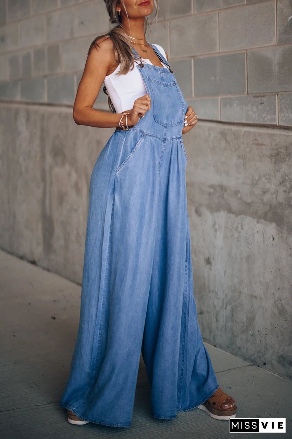 Denim Wide Leg Suspenders Jumpsuit