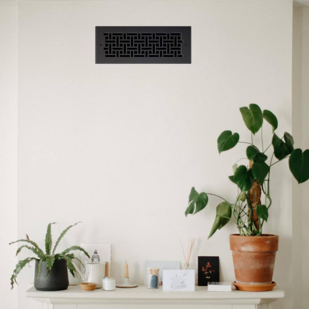 Reggio Registers Basketweave Series 12 in. x 6 in. Black Steel Vent Cover Grille for Home Floors and Walls with Mounting Holes BWL16-814-SBH