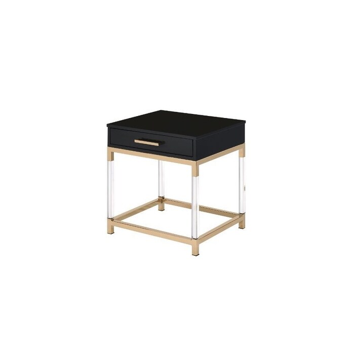 Adiel Rectangular End Table with 1 Storage Drawer， Black and Gold Finish