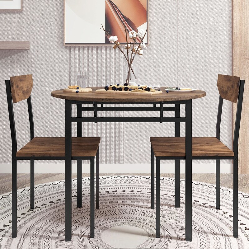 Rustic 3 Piece Round Dining Table Set with Drop Leaf and 2 Chairs