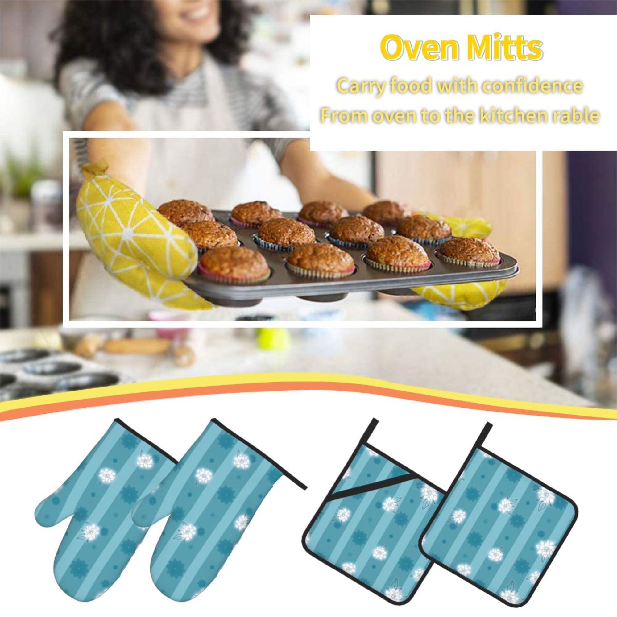 YFYANG Oven Mitts and Pot Holders Sets 4 Pieces， Non-Slip Heat Resistant Blue Striped Flowers Kitchen Glove Pot Mat for Cooking and Baking