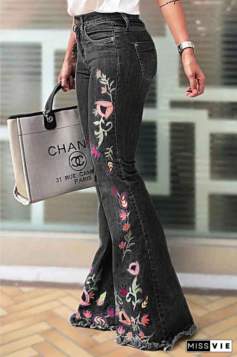 Floral Embroidery Raw Hem Mid Rise Flare Jeans