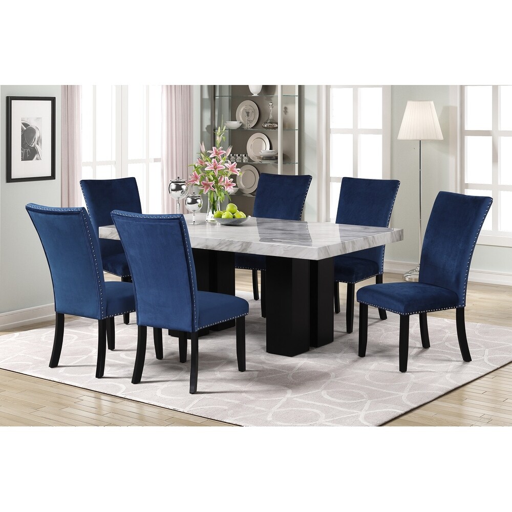 Dining Table Set with 1 Marble Table and 6 Upholstered Seat Chairs