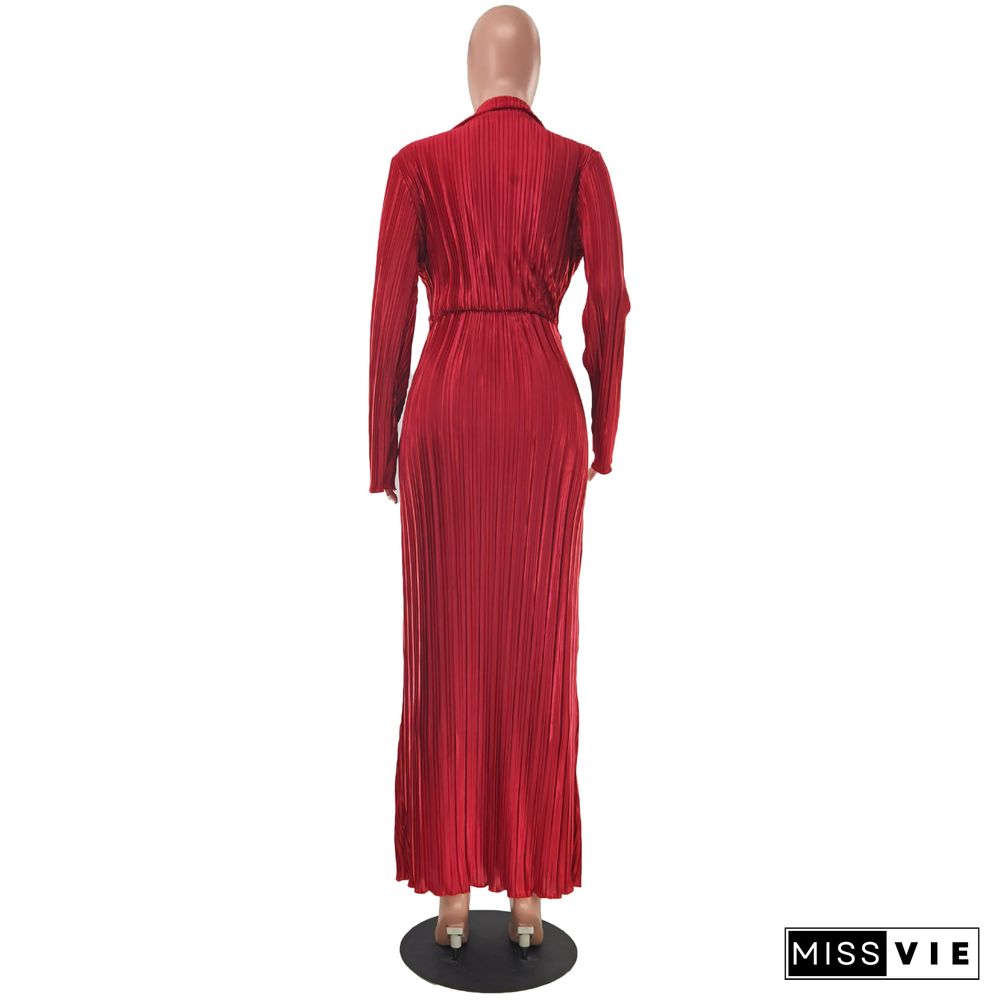 Sexy Slit New V-neck Long-sleeved Pleated Dress