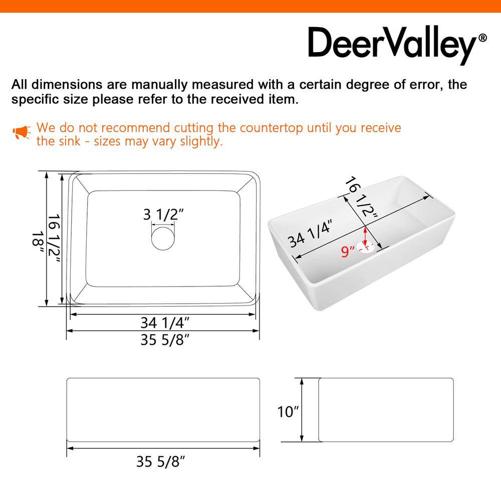 DEERVALLEY Grove White Fireclay 36 in. L x 18 in. W Rectangular Single Bowl Farmhouse Apron Kitchen Sink with Grid and Strainer DV-1K505