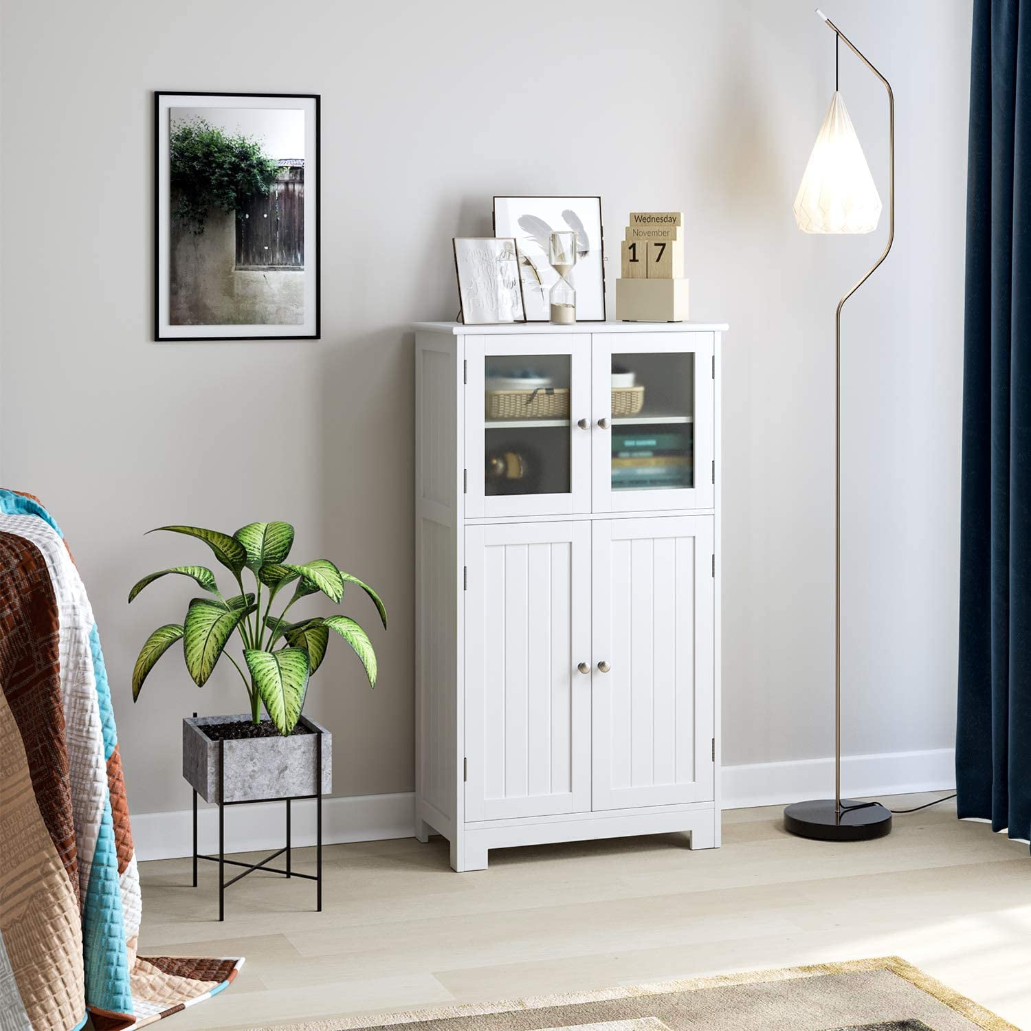 Homfa Bathroom Storage Cabinet, Floor White Wooden Linen Cabinet with Shelves and Doors, Kitchen Cupboard