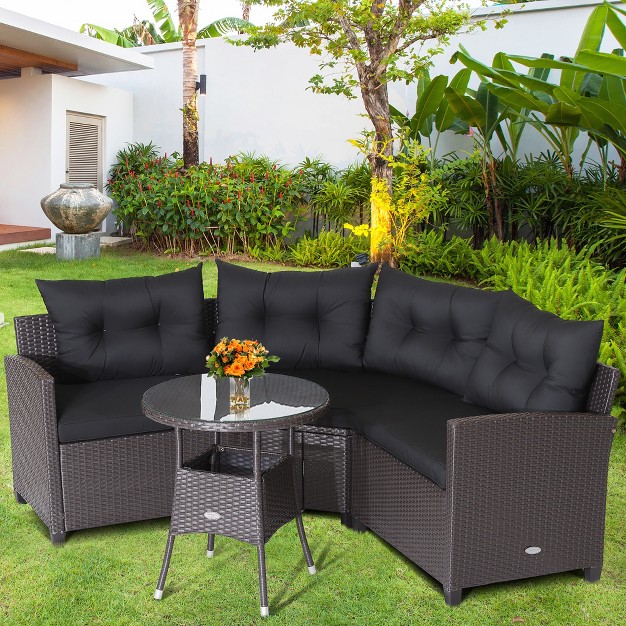 Costway 4pcs Patio Rattan Furniture Set Cushioned Sofa Glass Table Garden