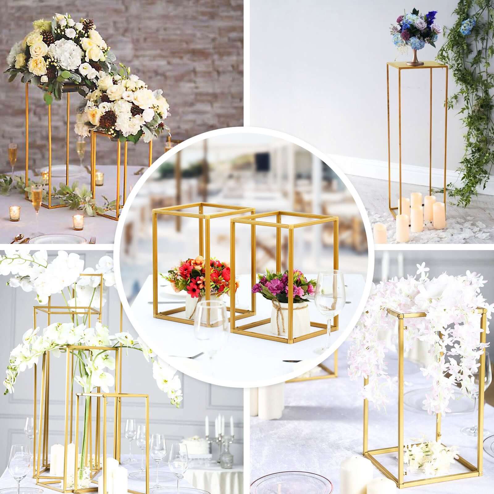 2 Pack Rectangular Gold Metal Wedding Flower Stand, Geometric Column Frame Centerpiece 24