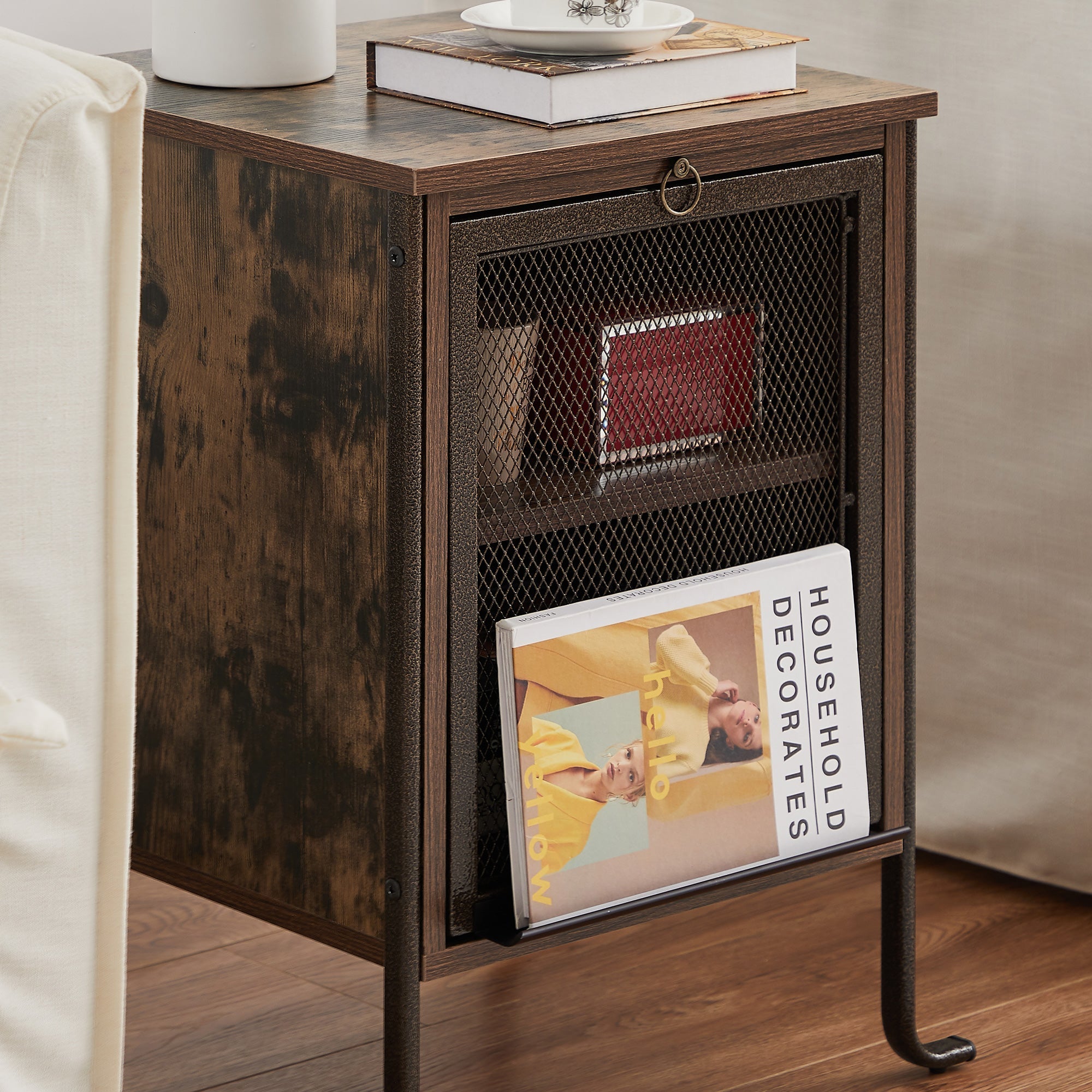 VECELO Nightstand with Pull-out Shelf and Mesh Cabinet, Side End Table for Bedroom, Living Room, Brown