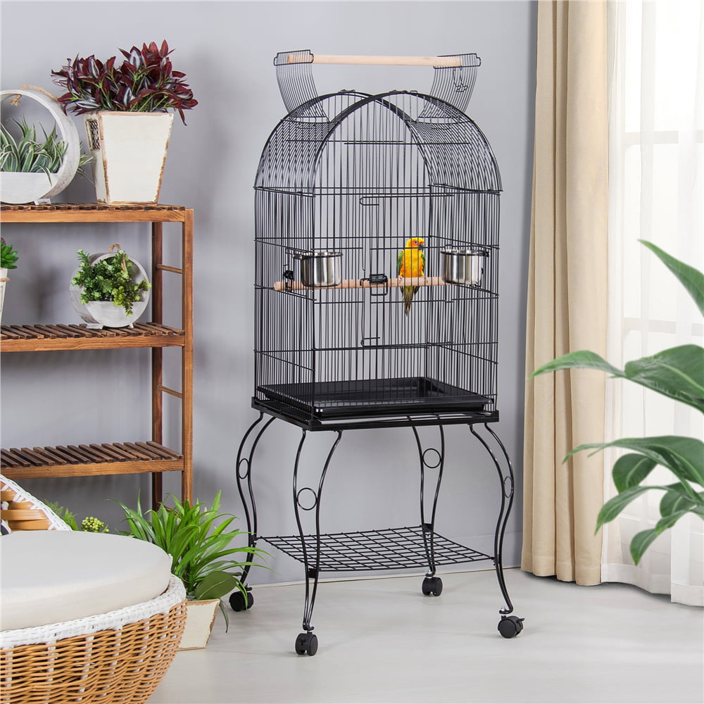 Easyfashion Rolling Metal Parrot Cage with Open Top For Small Birds， Black， 59