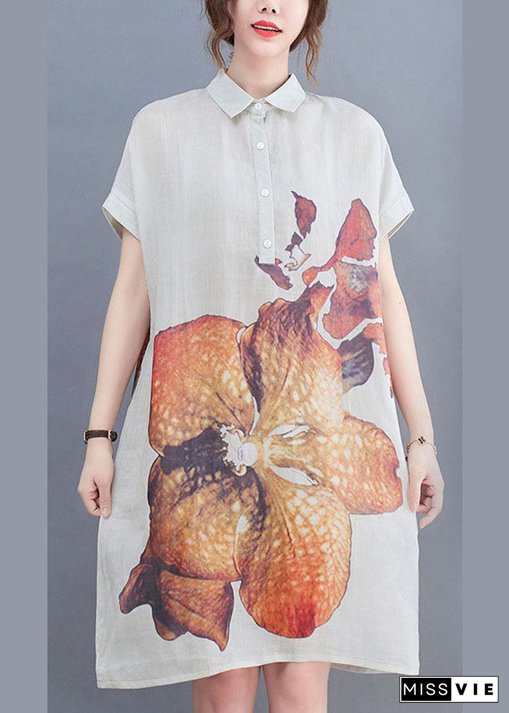 Natural White PeterPan Collar Button Print Summer Short Sleeve Dress