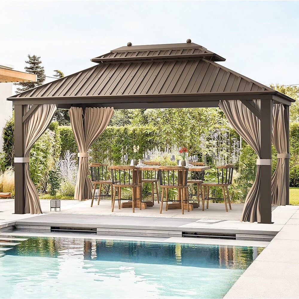 Outdoor Gazebo Pergola w Galvanized Steel Roof and Aluminum Frame  Prime Curtains   Netting Include