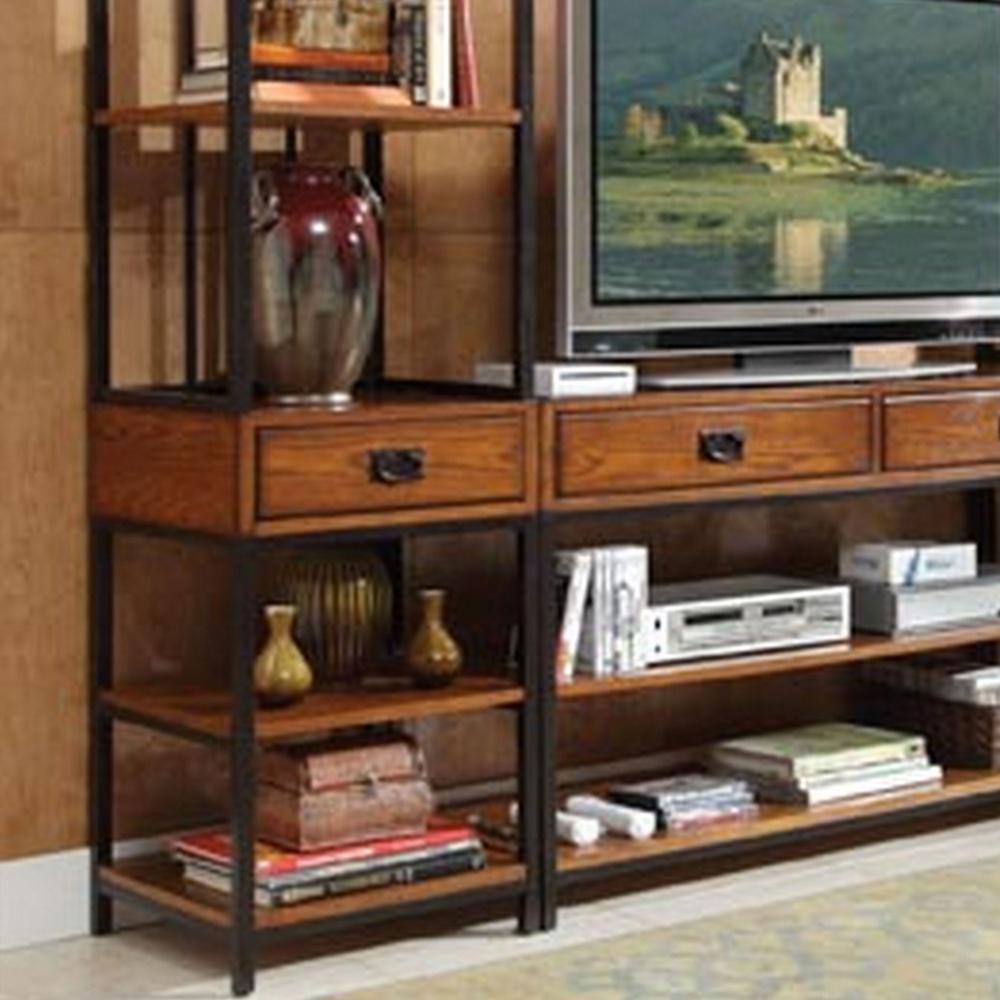 HOMESTYLES Modern Craftsman 94 in. Distressed Oak Entertainment Center with 2-Drawers 5050-34