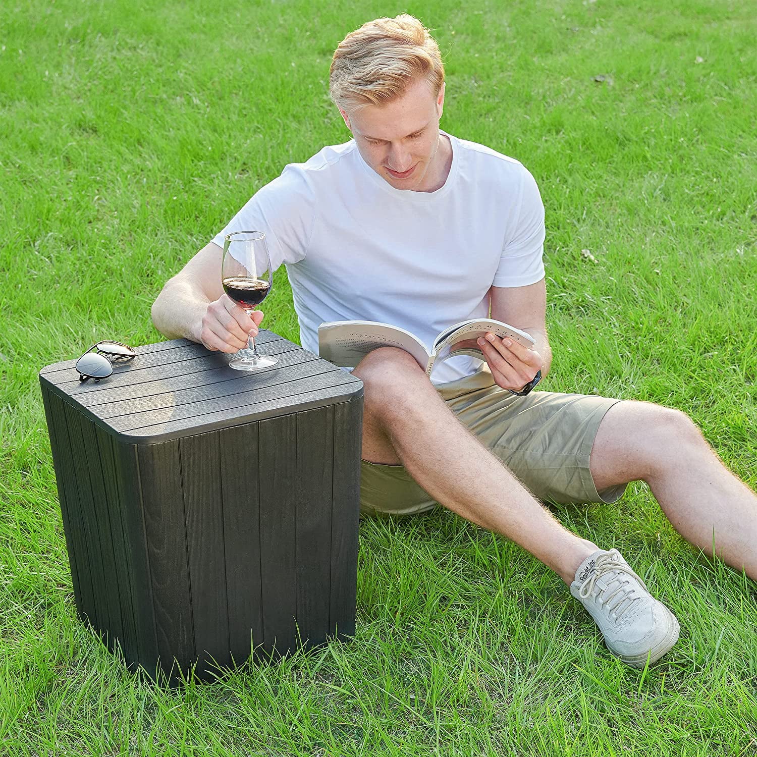 YITAHOME Black Deck Box Storage Patio Outdoor 11.5 Gallon Resin Organizer Bin Small Patio Container Transh Can Side Table