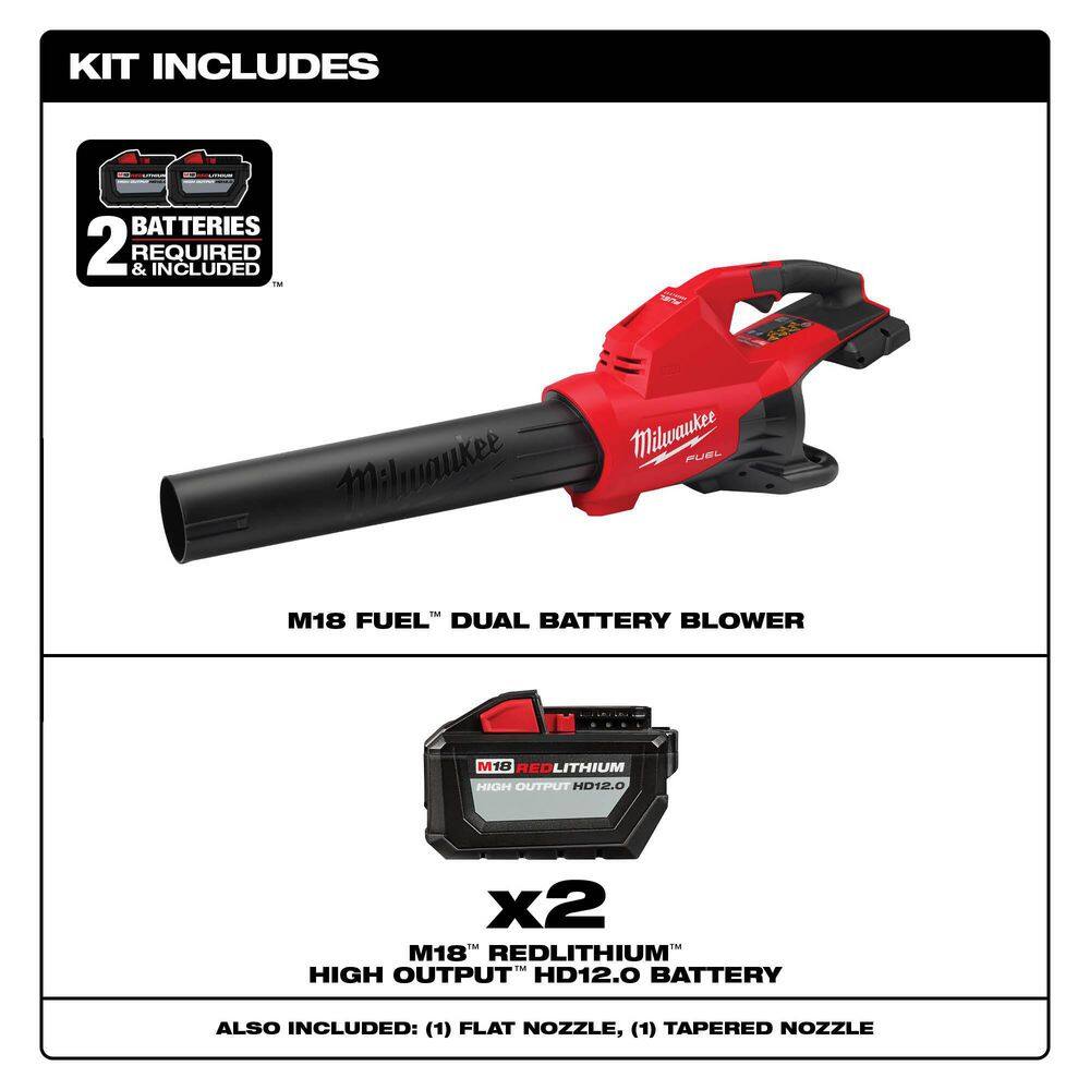 MW M18 FUEL Dual Battery 145 MPH 600 CFM 18V Lith-Ion Brushless Cordless Handheld Blower w Two 12Ah High Output Batteries 2824-20-48-11-1812-48-11-1812