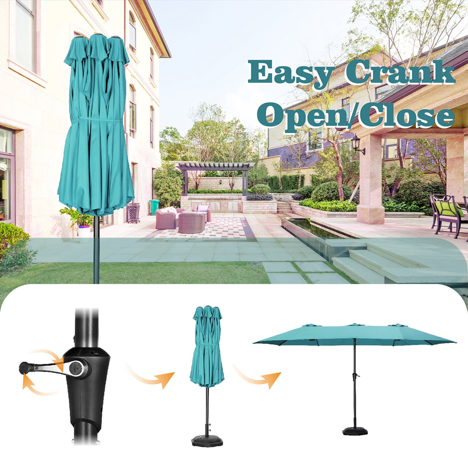 Wesfital 15ft Large Rectangle Umbrellas Double-Sided Outdoor Market Umbrella with UV Sun Protection & Easy Crank for Backyard, Poolside, Lawn and Garden, Blue