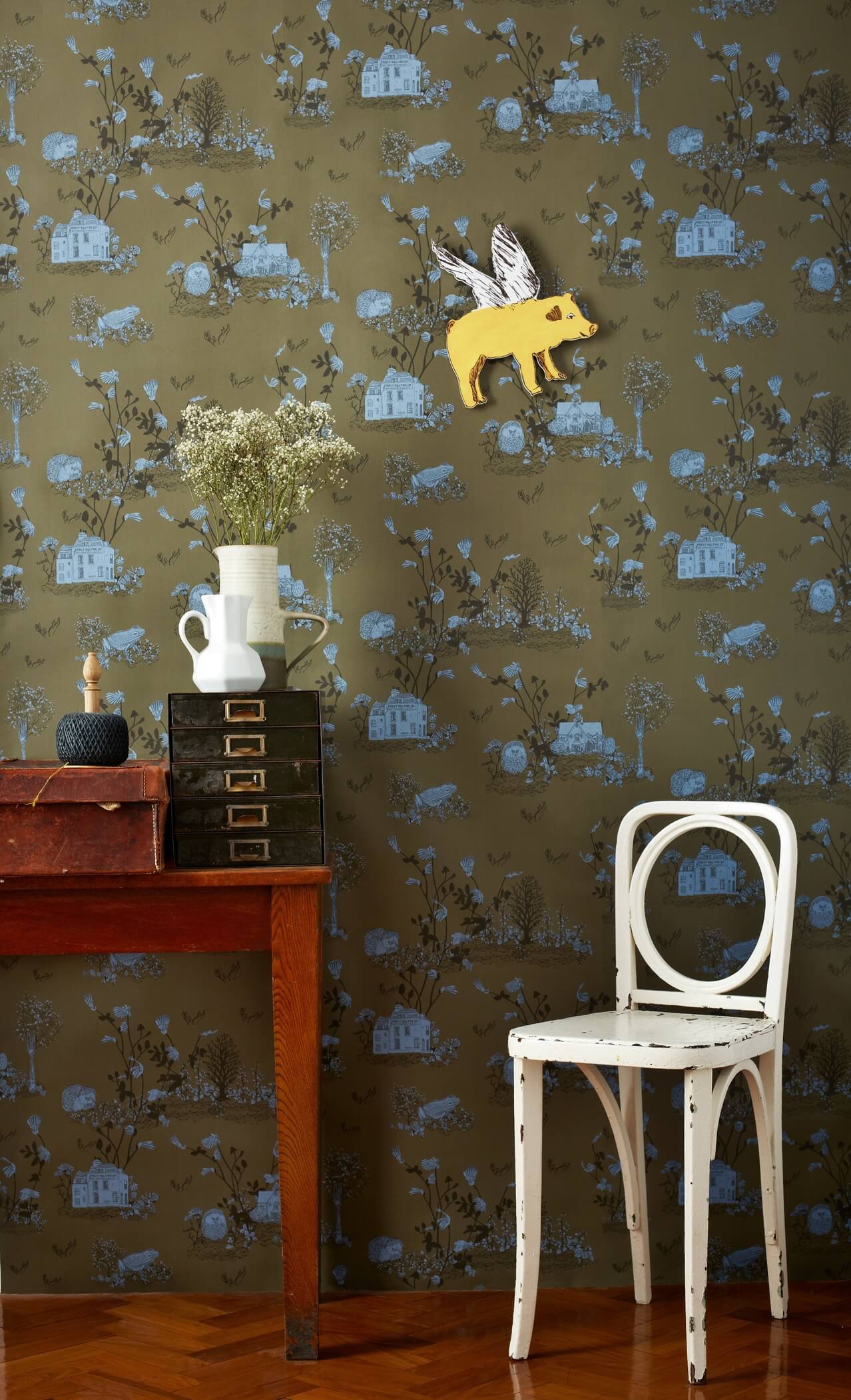 Classic Woodlands Wallpaper in Khaki and Blue