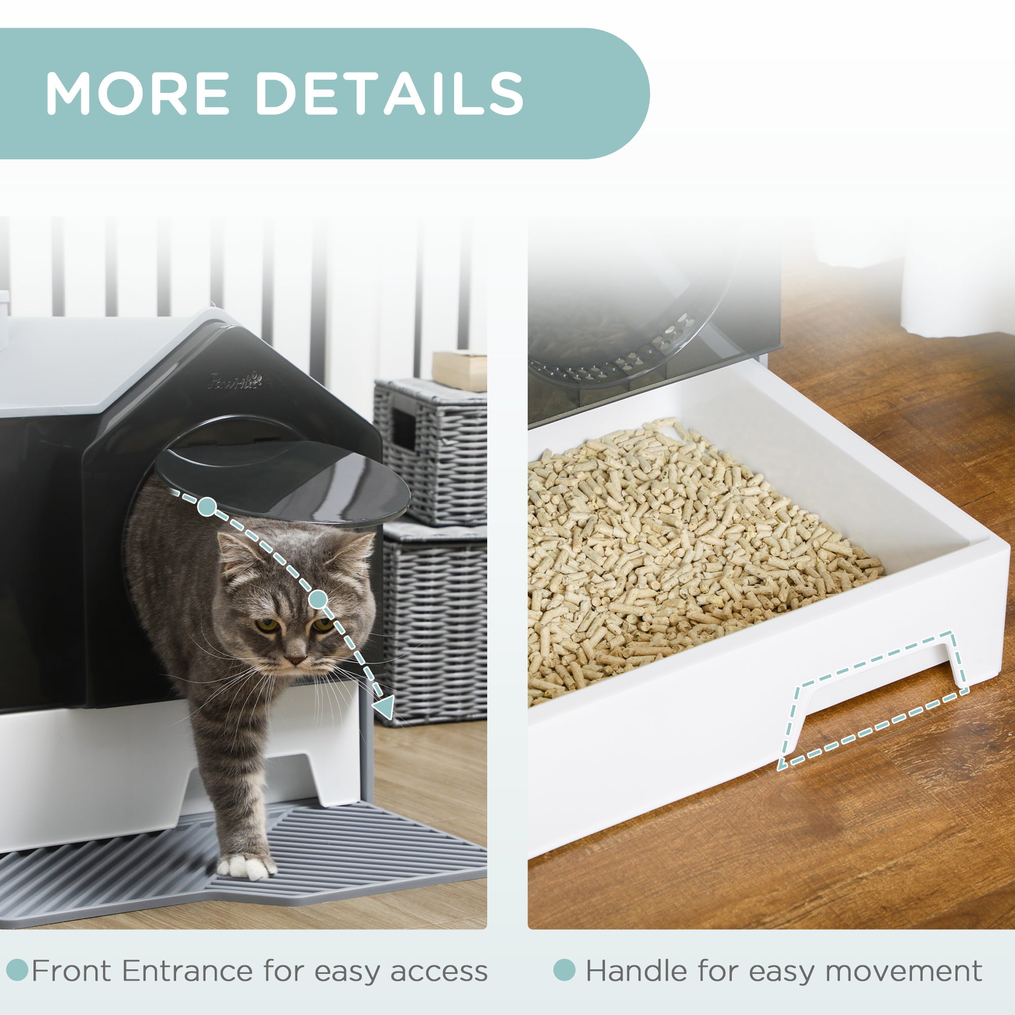 PawHut Hooded Cat Litter Box with Kitty Litter Mat， Kitty Litter Pan with Odor Control， Easy-Clean Pull-Out Drawer， Handle， Scoop， Gray