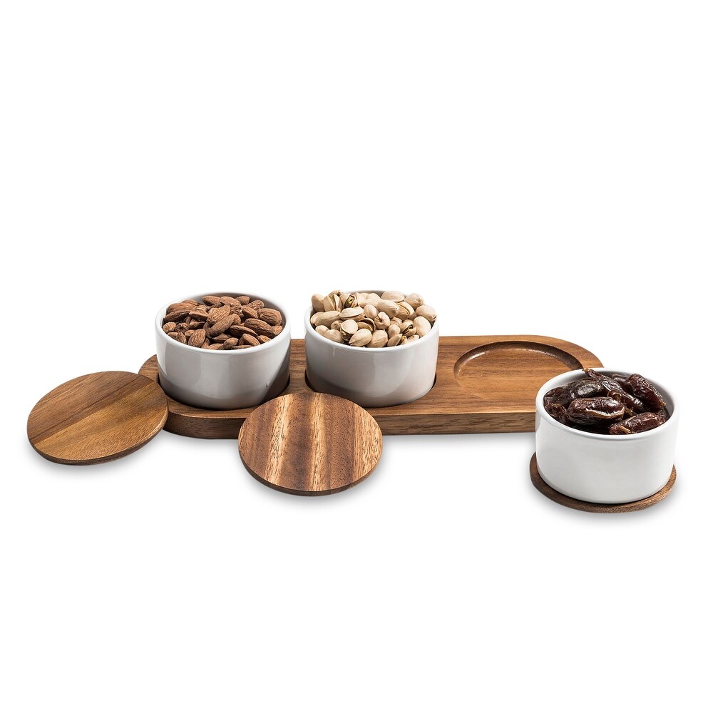 Ceramic Condiment Set on Acacia Wood Base with Lids