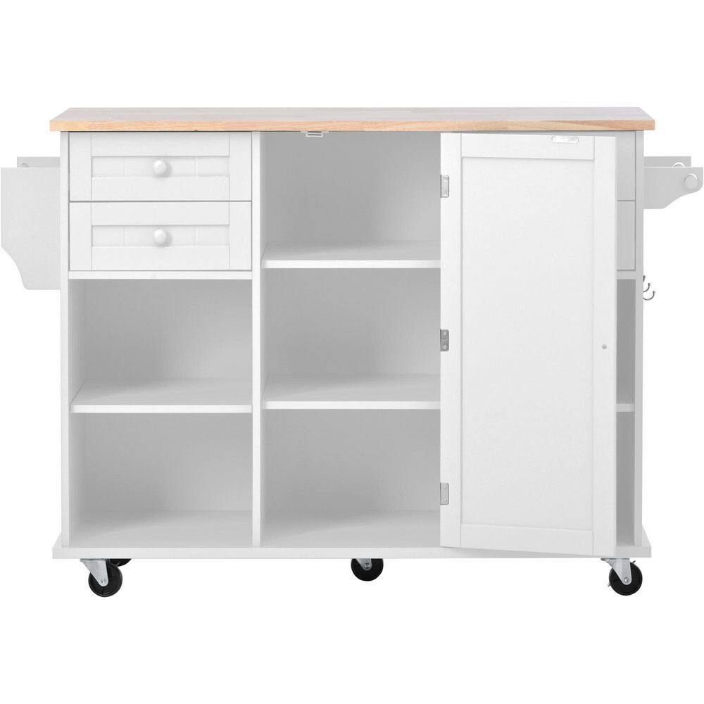 kitchen Island Cart with Spice Rac Towel Rack Drawer Rubber Wood Desktop 5 Wheels Including 4 Lockable Wheels In White KITCHENBLACK09