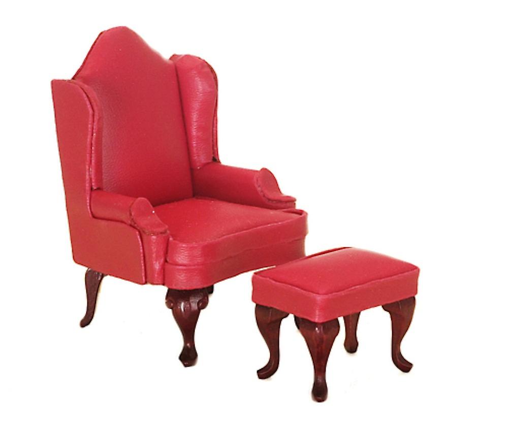 Dolls House Red Leather Wing Back Armchair andamp; Footstool Living Room Furniture