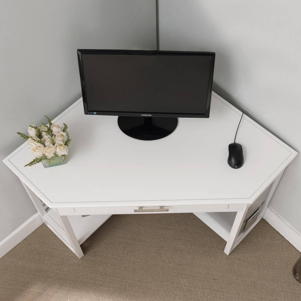 Leick Home 48 in. W Corner White Wood 1-Drawer Computer Writing Desk with Drop Front Keyboard Drawer 85430