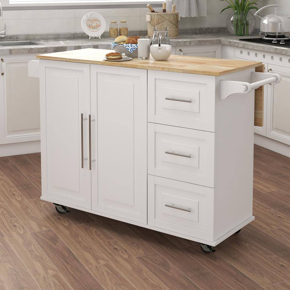 Tileon White Kitchen Island with Extensible Solid Wood Folding Table Top and Towel Rack AYBSZHD657