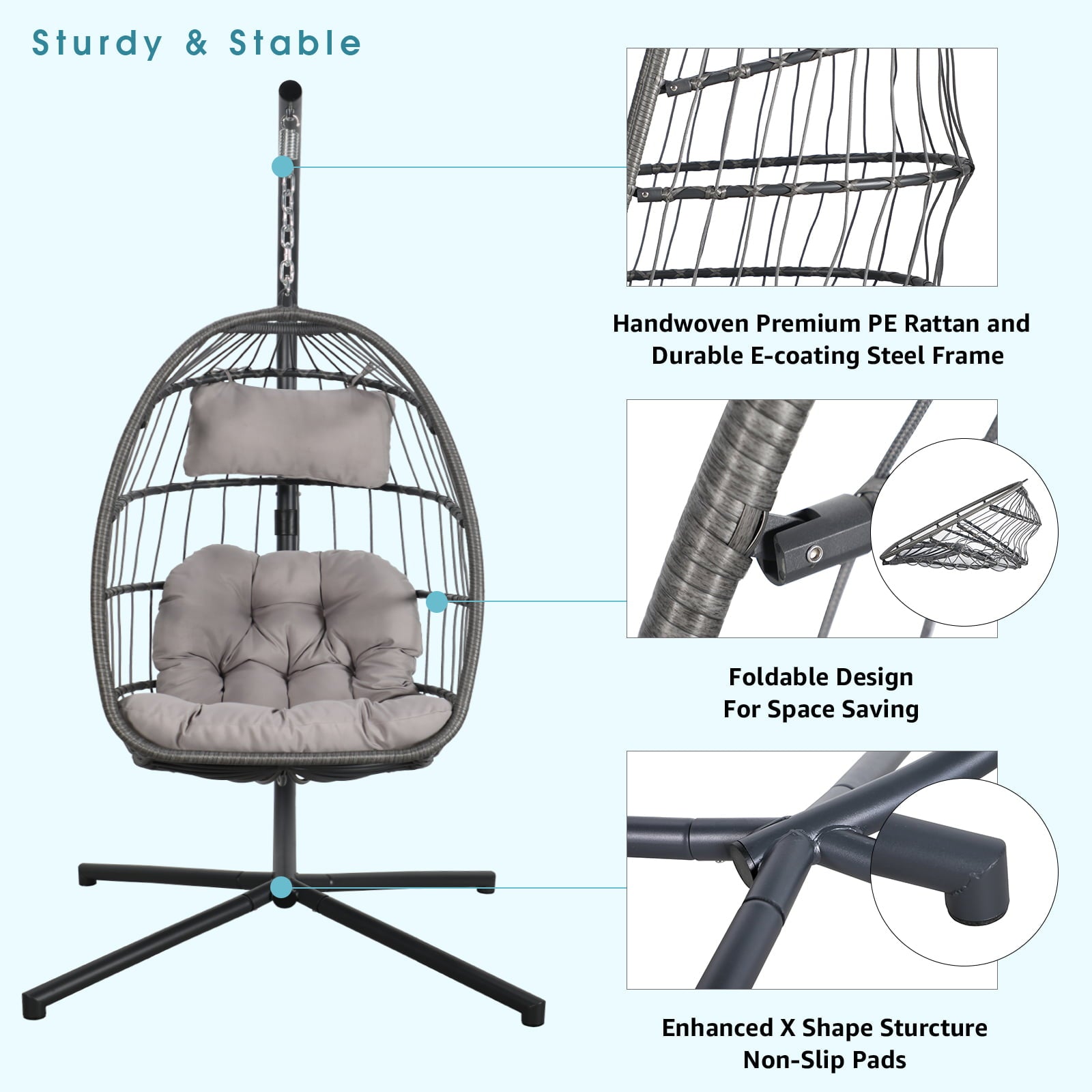 Indoor Outdoor Swing Egg Chair with Stand, Patio Foldable Grey Wicker Rattan Hanging Chair with Cushion, Light Gray