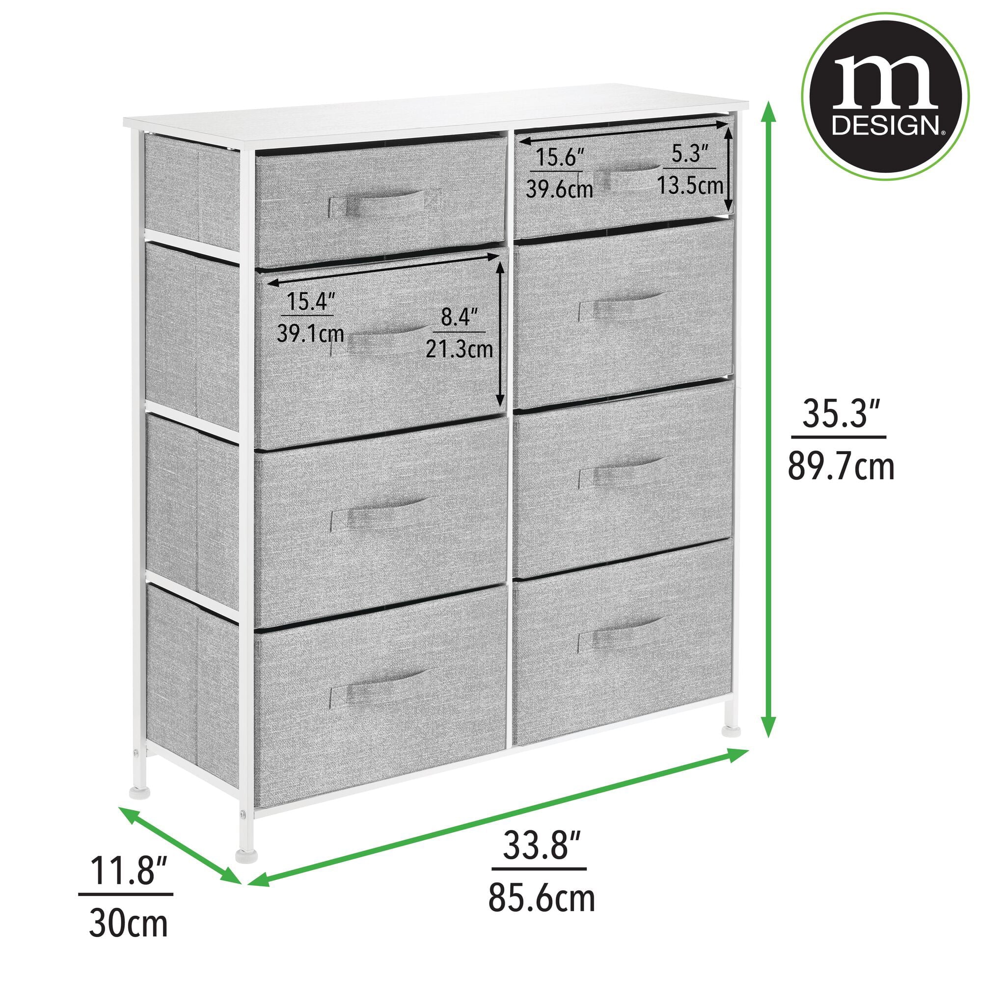 mDesign Tall Steel Frame/Wood Top Storage Dresser Furniture Unit with 8 Slim Removable Fabric Drawers, Large Bureau Organizer for Bedroom, Living Room, Closet - Lido Collection, Gray