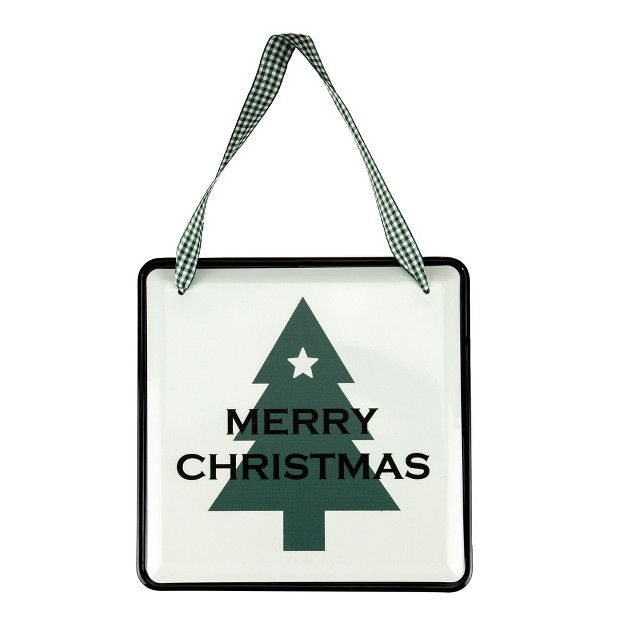 Merry Christmas Metal Wall Sign With Green Check Ribbon