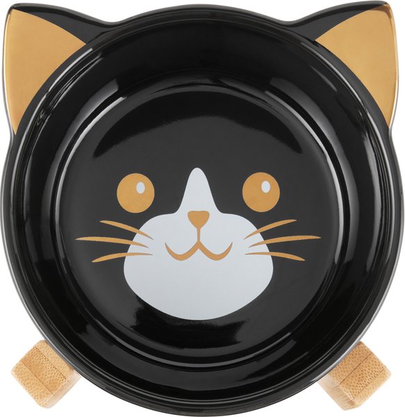 Frisco Cat Face Elevated Bamboo Non-Skid Ceramic Cat Bowl， Black， 1 Cups