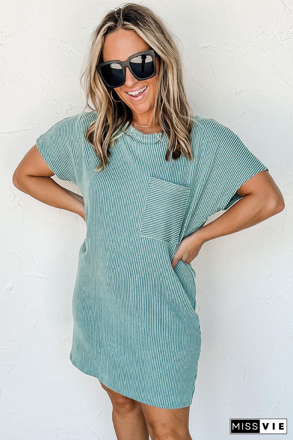 Blue Striped Ribbed Knit T-shirt Shift Dress