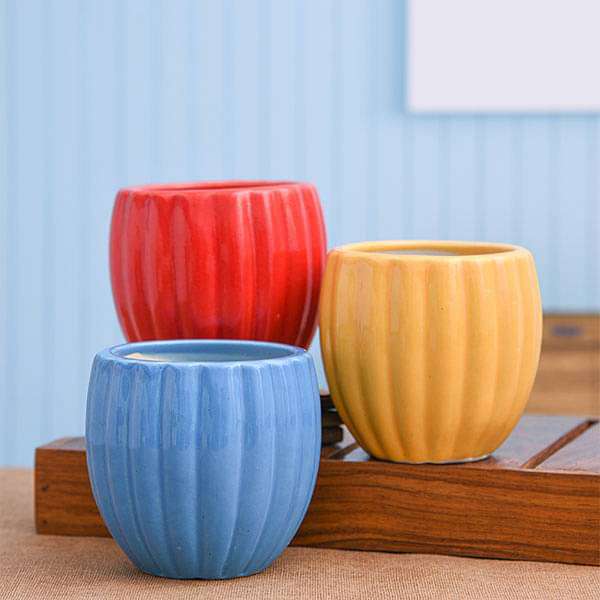 3.1 inch (8 cm) Vertical Ridges Pattern Round Ceramic Pots - Pack of 3