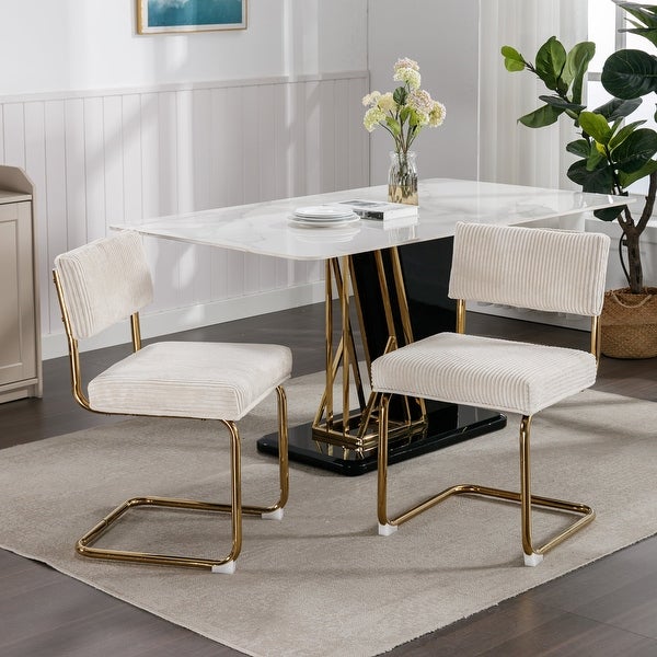 Modern Dining Chairs with Corduroy Fabric，Gold Metal Base， Accent Armless Kitchen Chairs with Channel Tufting，Set of 2