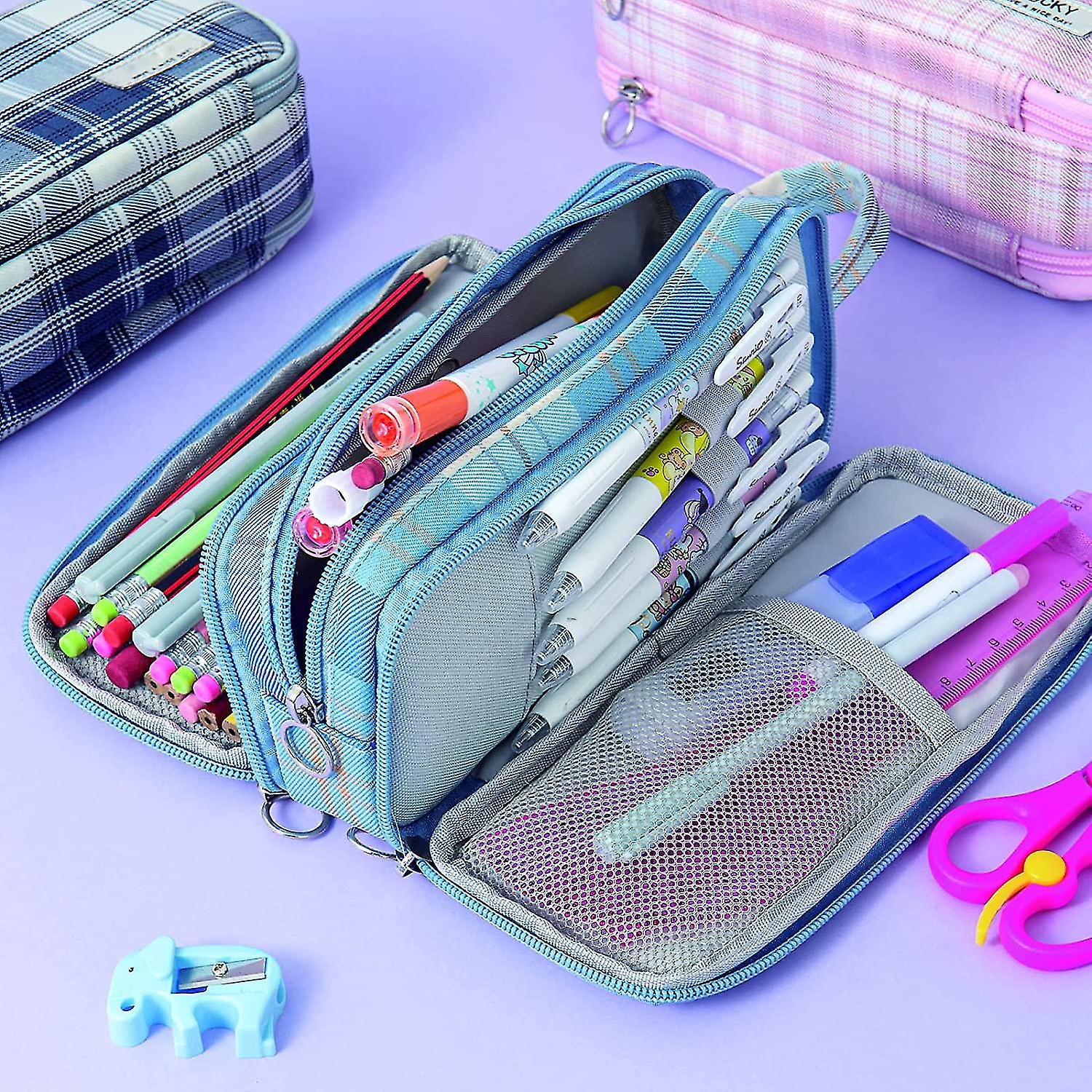 Veeki Pencil Bag Aesthetic Pencil Case Large Capacity Multi-slot Pen Bag With Three Zipper Grid Mesh Fabric Zipper Pen Pouch For Office School Supplie