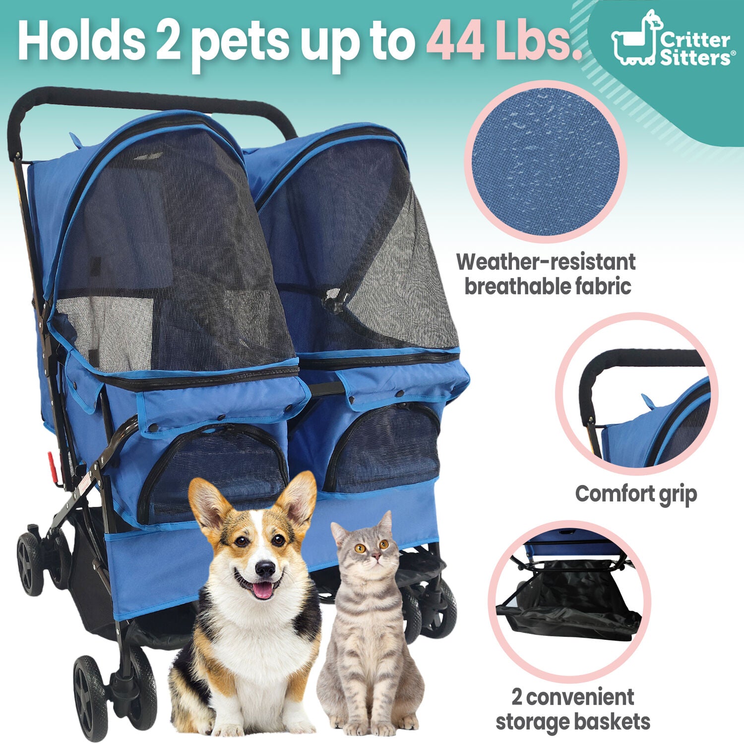 Critter Sitters Double Pet Stroller with Storage | Carriage Carrier for Animals up to 44 lbs | 4-Wheel | For Cats， Small/Medium Dogs， Rabbits and Guinea Pigs | Blue