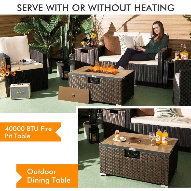 32 Inch x 20 Inch Propane Rattan Fire Pit Table Set with Side Table Tank and Cover Coffee   32\