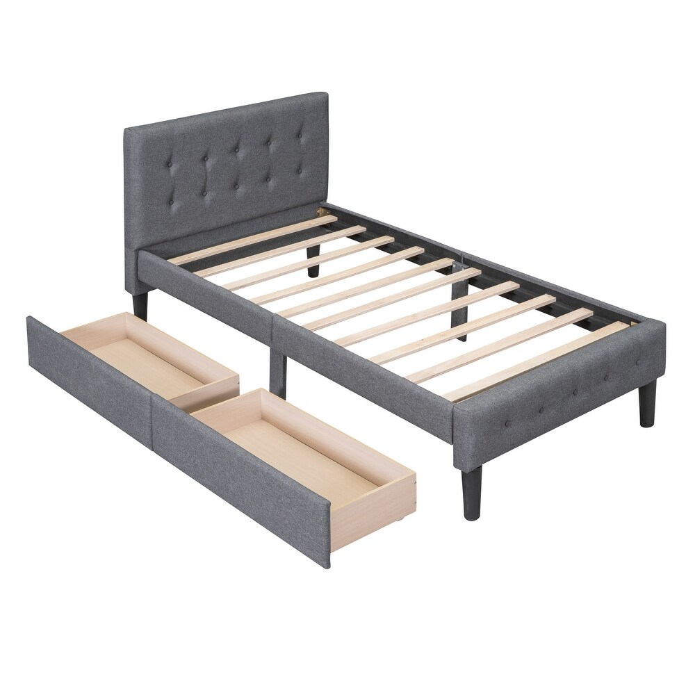 Solid   Sturdy Twin Size Upholstered Platform Bed with 2 Drawers