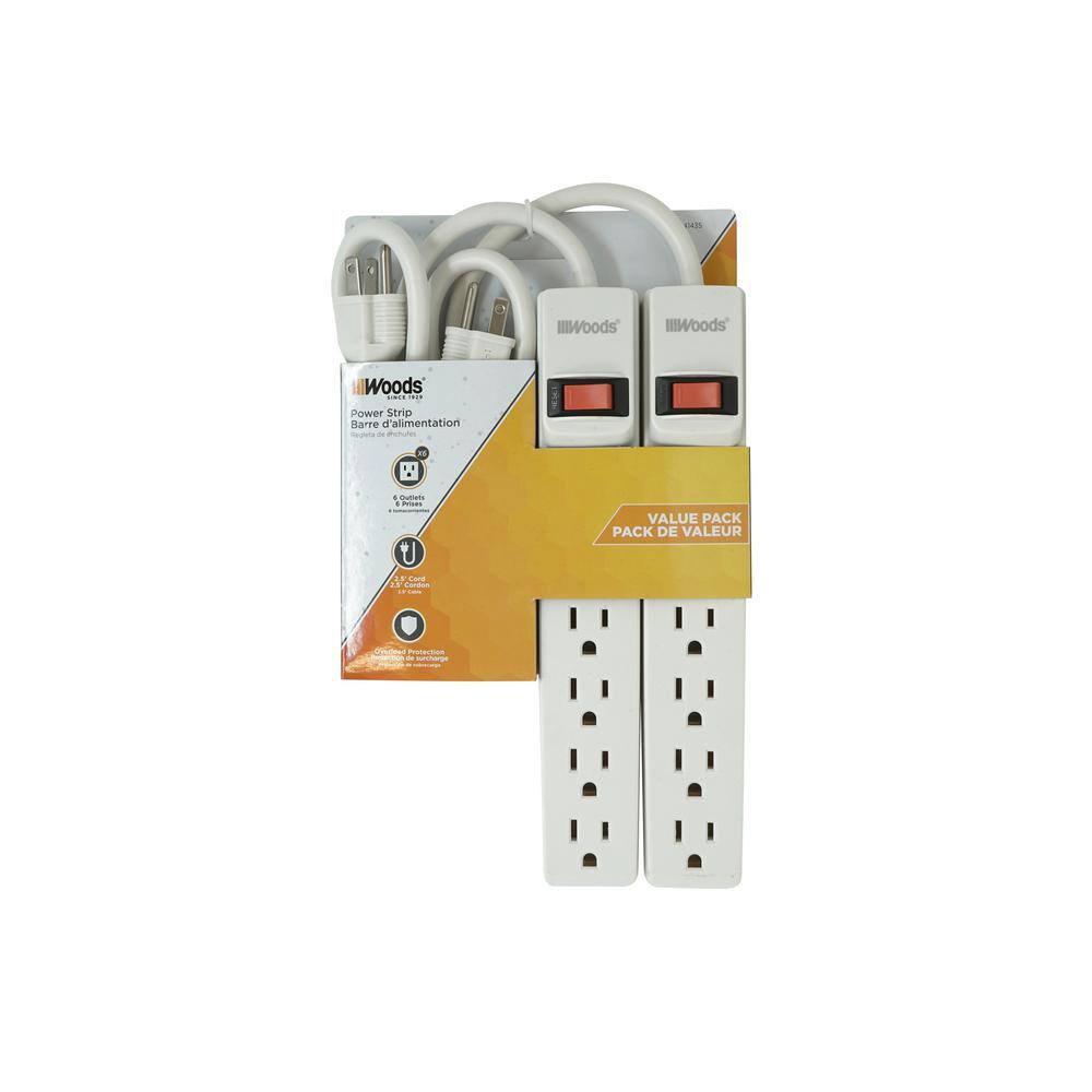 Woods 2.5 ft. 6-Outlet Power Strip with Overload Protection (2-Pack) 41435