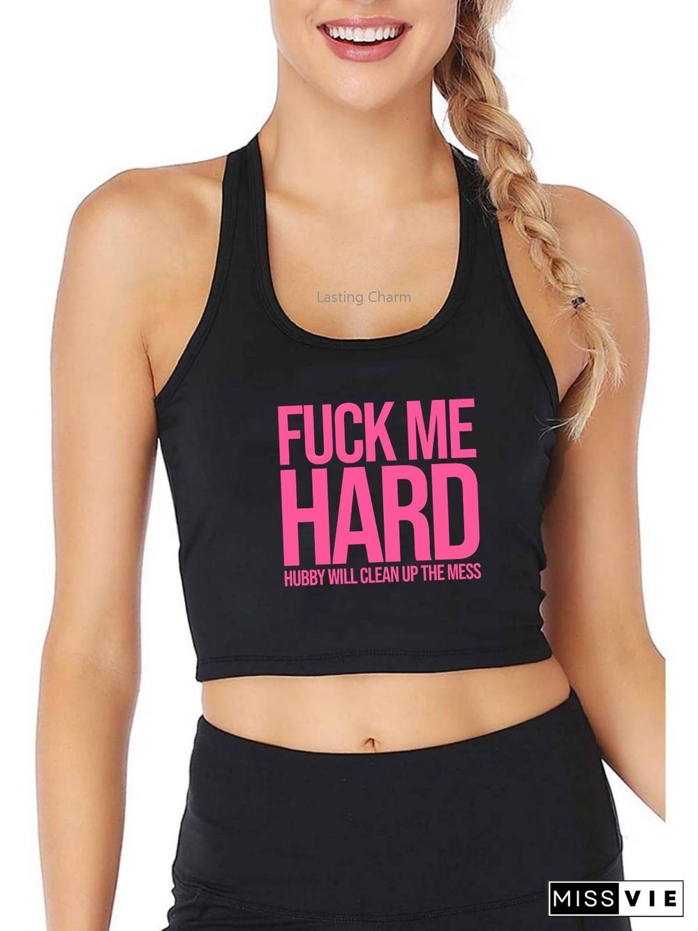 Fuck Me Hard Hubby Will Clean Up The Mess Pattern Tank Top Adult Humor Fun Flirty Print Yoga Sports Workout Crop Top Gym Tops