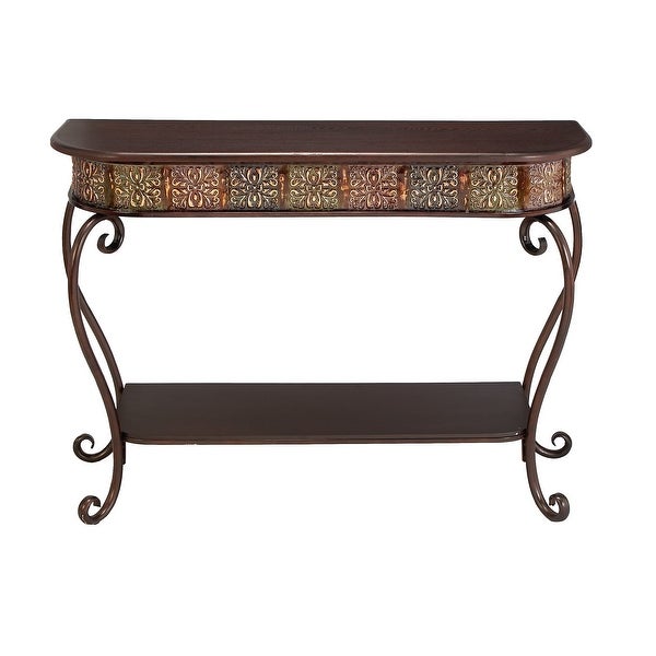 Traditional Brown Wood and Metal Console， Entryway， Hallway Table with Ornate Detailing and Round Edges， 43