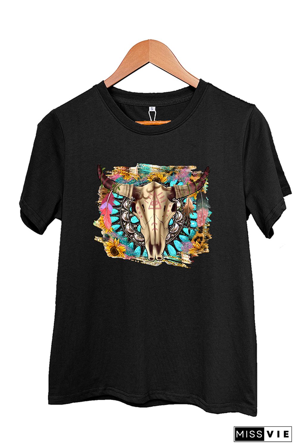 Western Boho Skull Pngturquoise And Leopard Short Sleeve Graphic Tee Wholesale