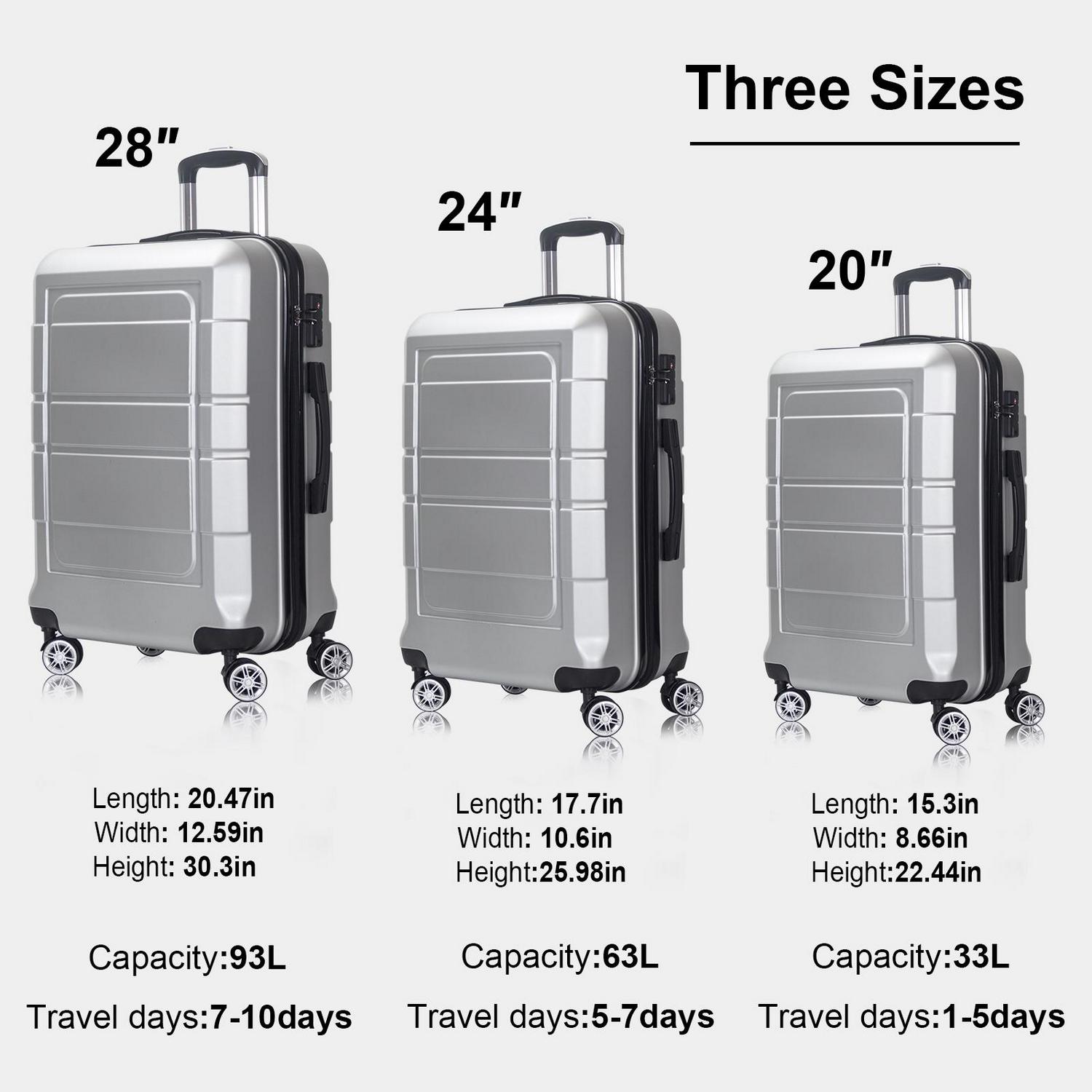 Traveling Luggage， 3pcs Hardside Luggage Set， 20 +24 +28 with TSA Lock， Silver