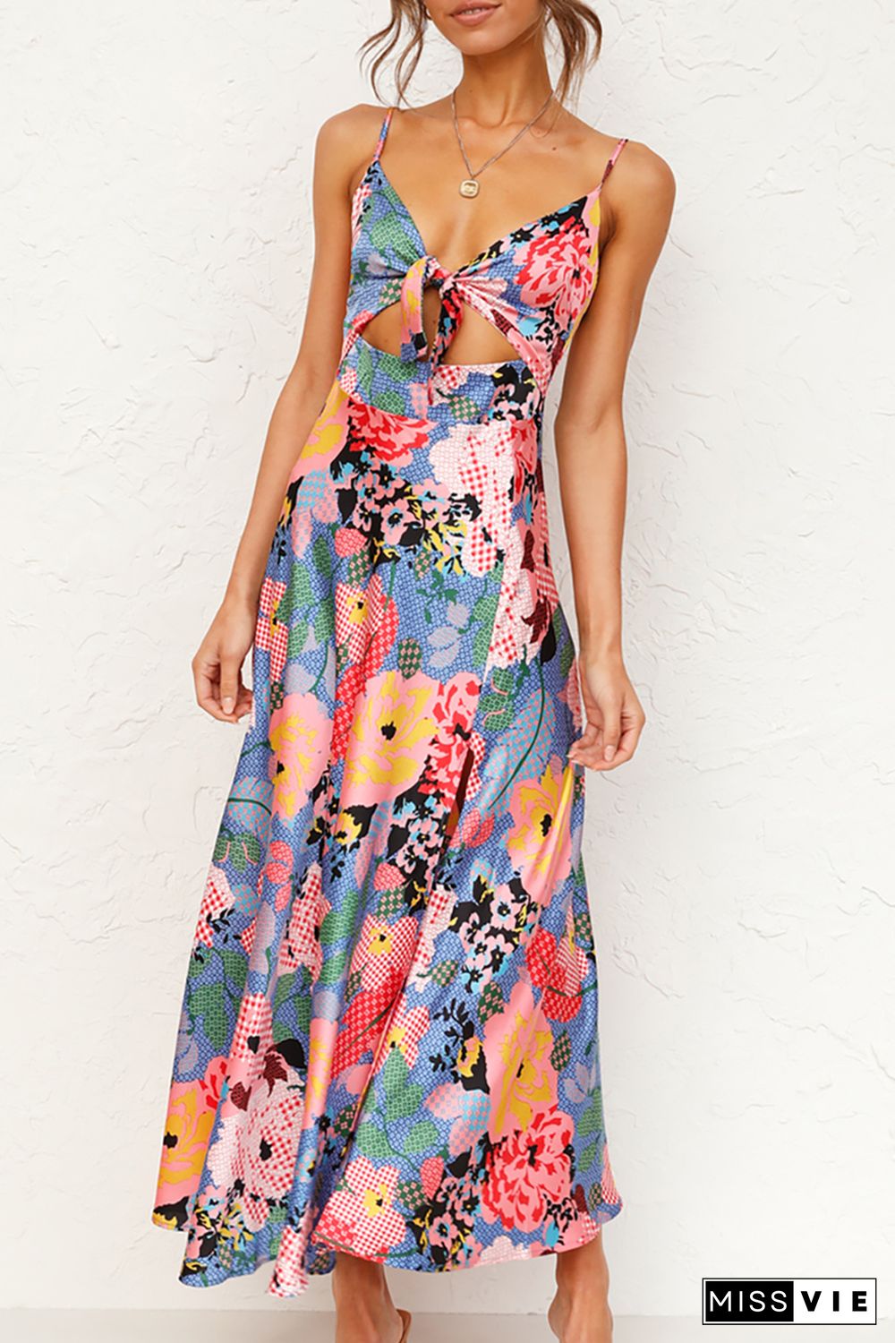 Multicolor Floral Print Bust Knot Long Dress with Slit