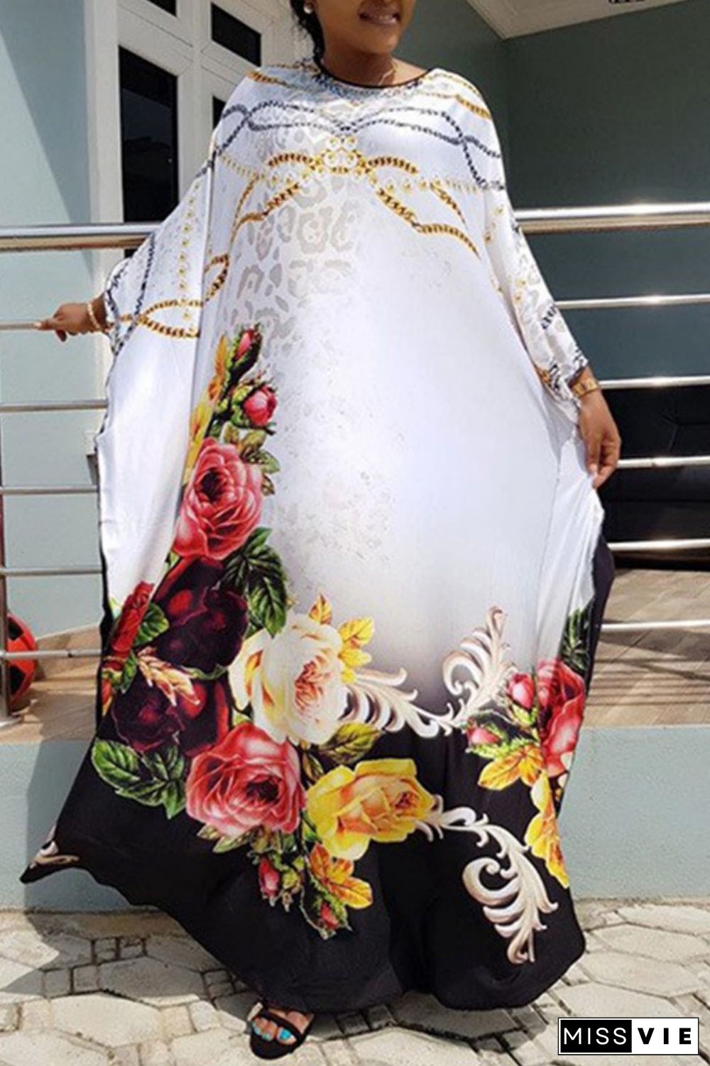 White Casual Print Basic O Neck Long Dress Plus Size Dresses