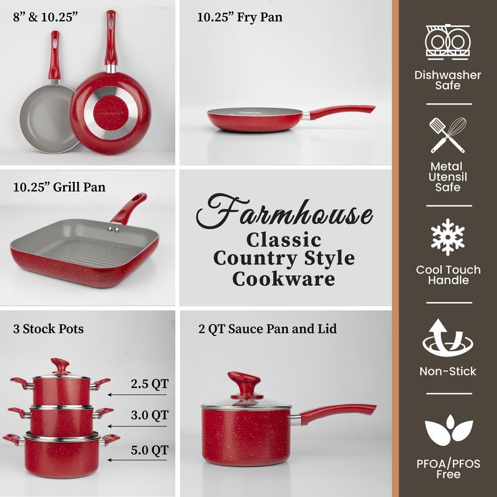 Granite Stone Diamond 8298 Farmhouse 13-Piece Aluminum Ultra-Durable Chalk Grey Diamond Infused Nonstick Coating Cookware Set in Speckled Red